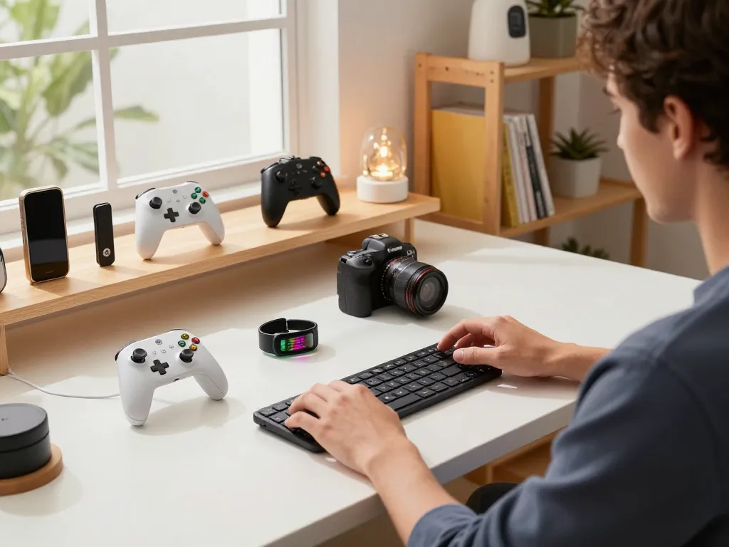 Showcasing unique tech gadgets like Bluetooth gaming controllers and smart health trackers in a cozy tech workspace