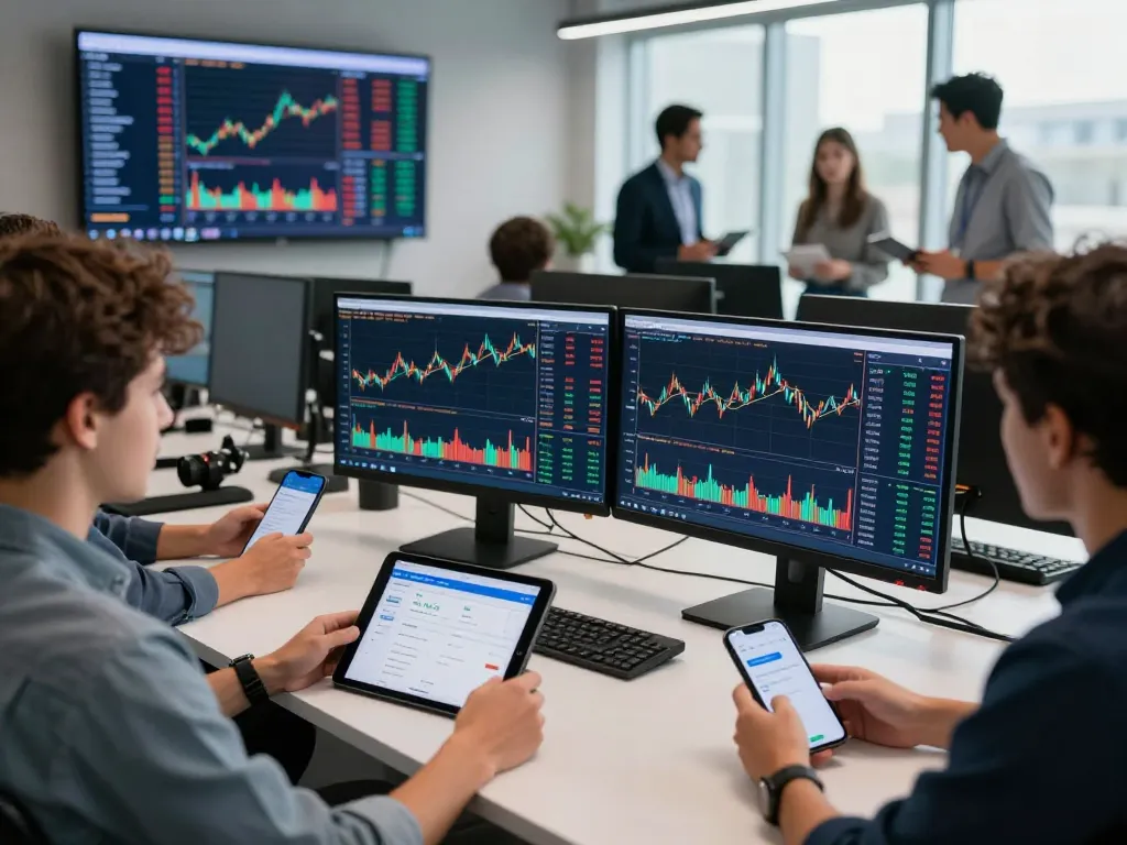 현대 사무실에서 실시간 시장 분석을 위해 Upto Exchange 플랫폼을 사용하는 트레이더들.