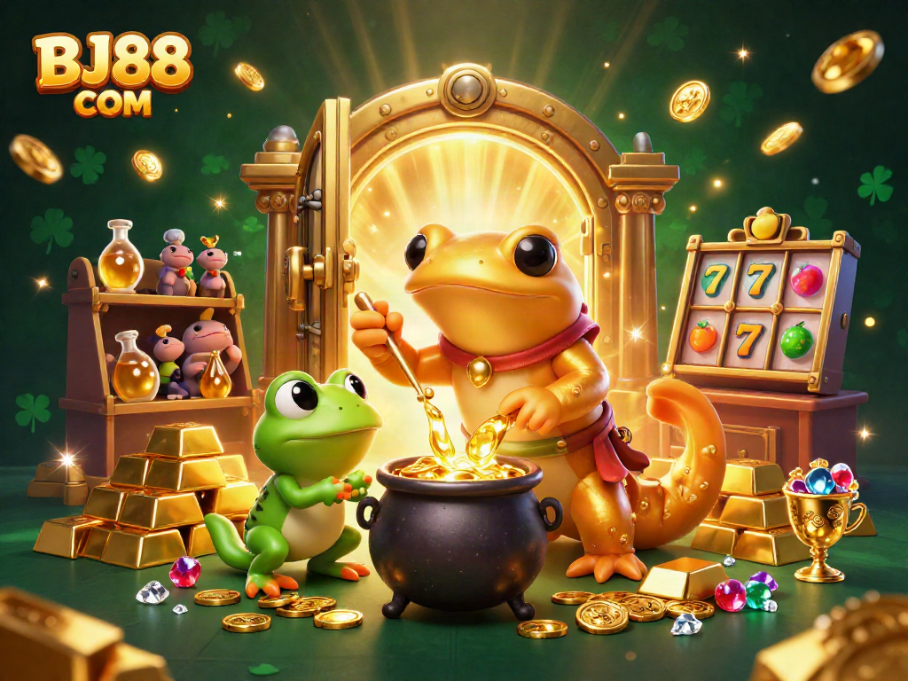 BJ88 COM captures exhilarating casino action with golden themed characters and slot elements.