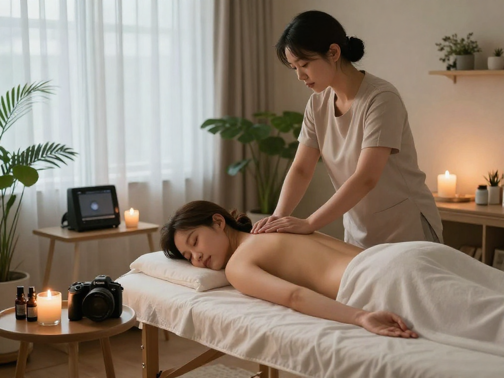 Enjoying 강서구출장안마 service in a tranquil home setting with soft lighting and soothing atmosphere.