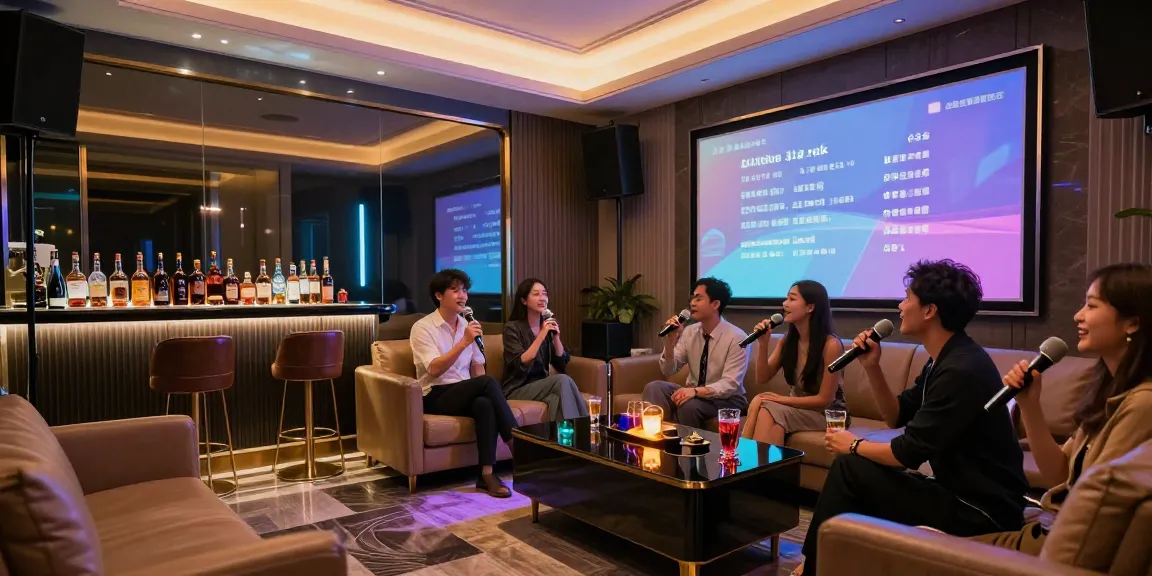 강남쩜오의 프리미엄 가라오케 공간에서 즐거운 고객들이 노래를 부르며 음료를 즐기는 모습
