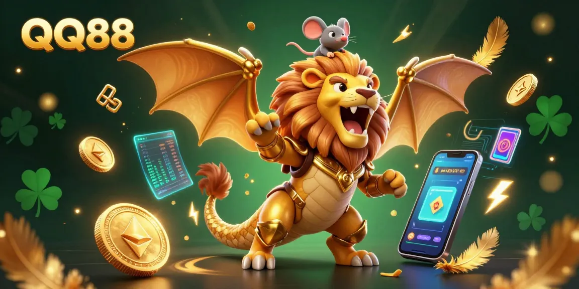 Experience the thrill of QQ88 with a dynamic illustration of a golden armored chimera and a mouse jockey amidst floating crypto coins and vibrant gaming elements.