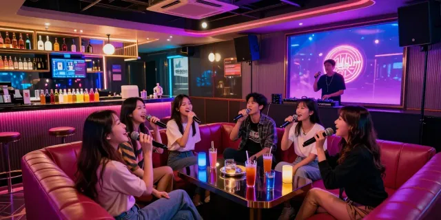 강남 달토에서 친구들과 즐거운 밤을 보내는 모습, 화려한 조명과 편안한 좌석, DJ가 음악을 관리하는 장면