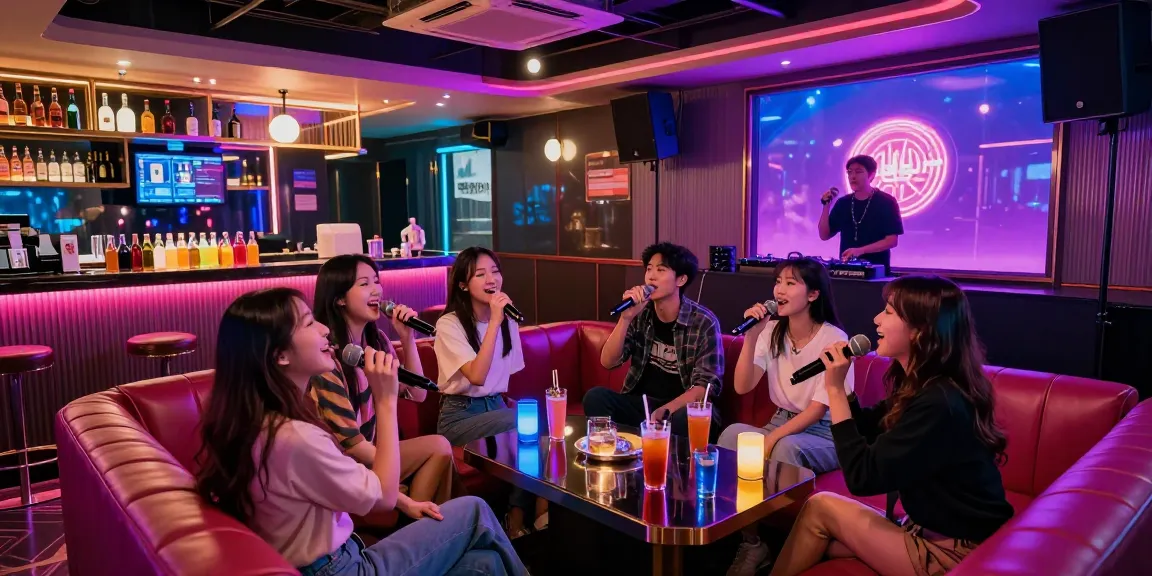 강남 달토에서 친구들과 즐거운 밤을 보내는 모습, 화려한 조명과 편안한 좌석, DJ가 음악을 관리하는 장면
