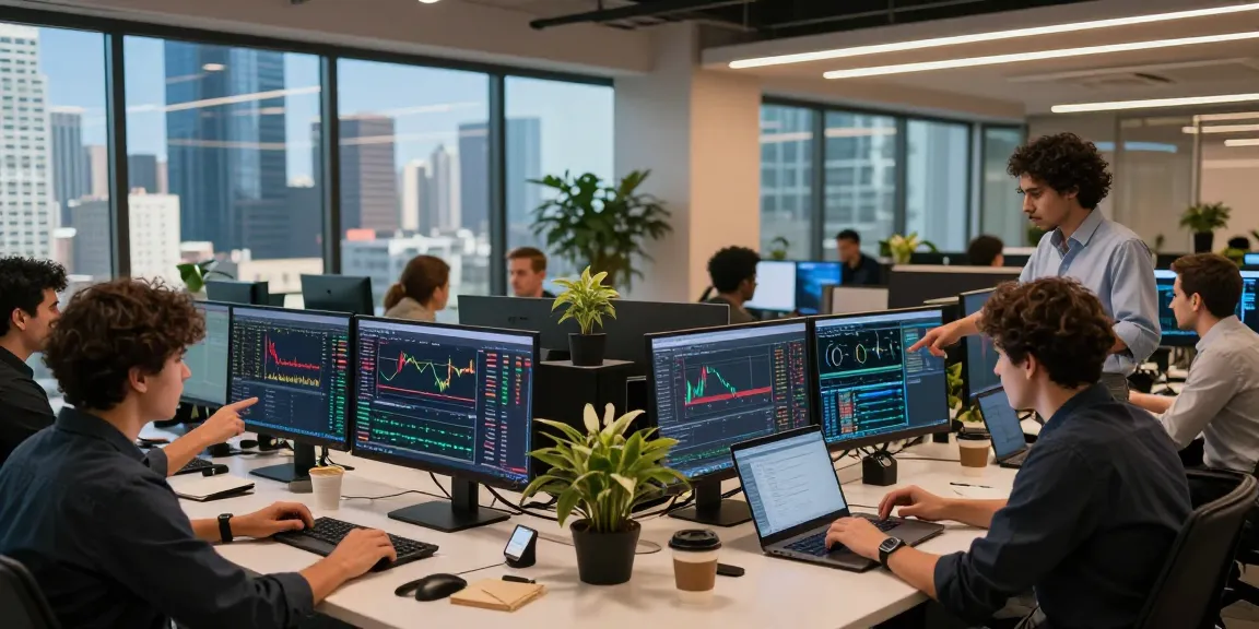 업투익스체인지 traders analyzing real-time market data in a dynamic financial hub.