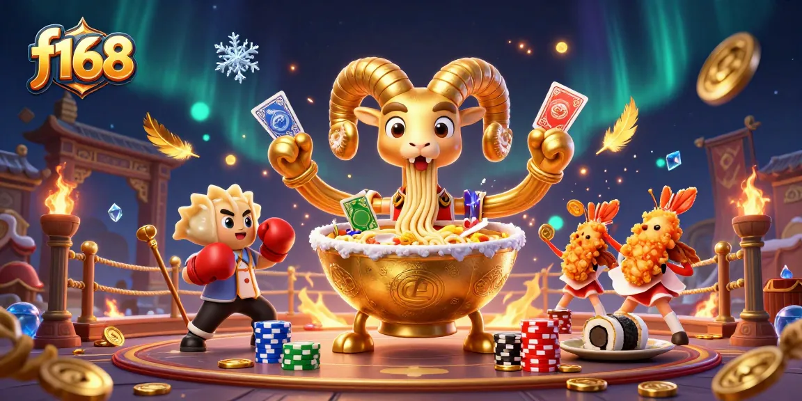 Engage with f168's vibrant casino scene featuring a giant ramen bowl dealer surrounded by action-packed gambling elements.