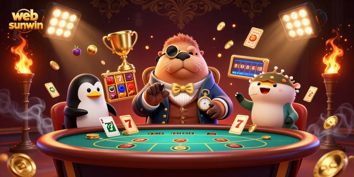 Spin and win at web sunwin with a jolly walrus and clever dealer in this immersive casino scene.