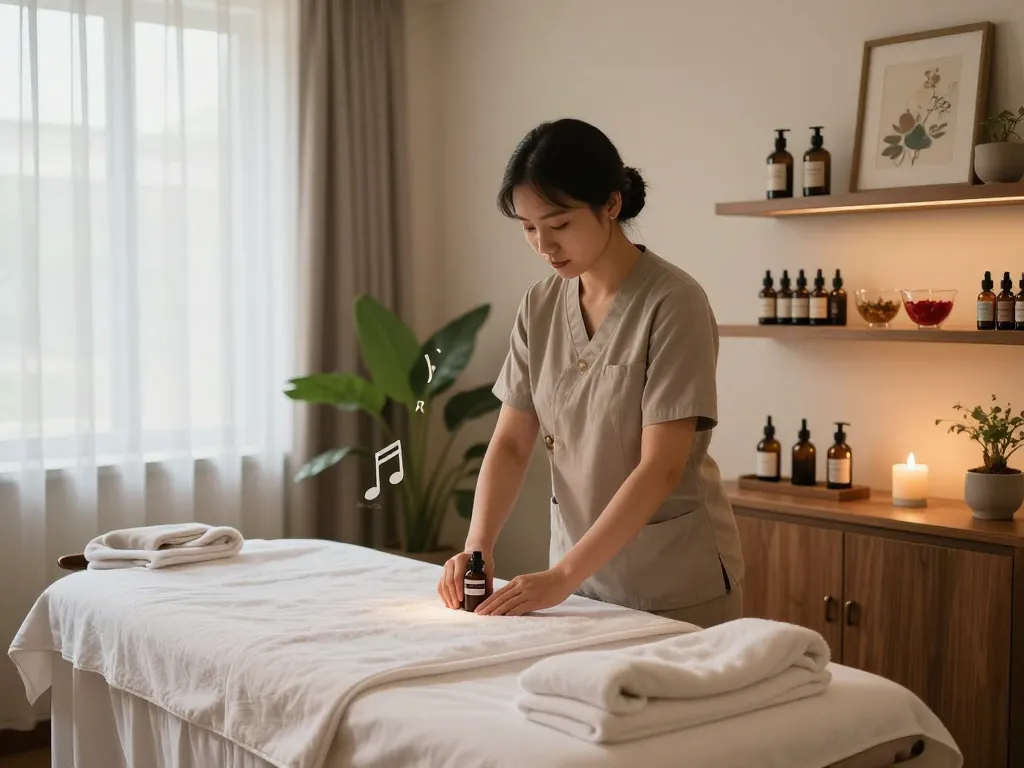 편안한 분위기의 오피스타 서비스 및 치료 룸이 어우러진 웰니스 스파 치료실.