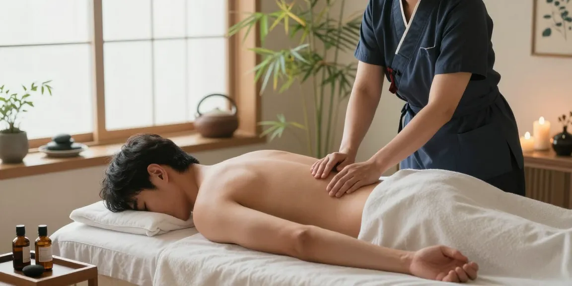 제주마사지 중인 남성 고객과 아로마 오일이 놓인 마사지 테이블의 편안한 모습