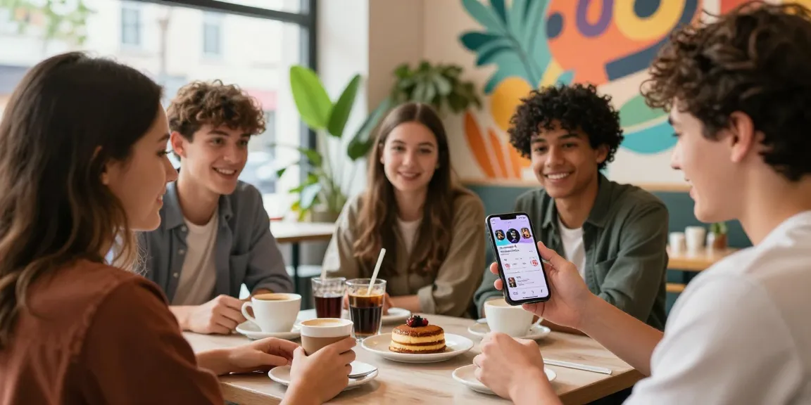 インスタ フォロワー 購入のためのトレンディなカフェで友人たちが集まっているシーン