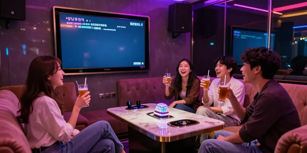 강남유앤미 아늑한 카라오케 방에서 즐거운 시간을 보내는 모습