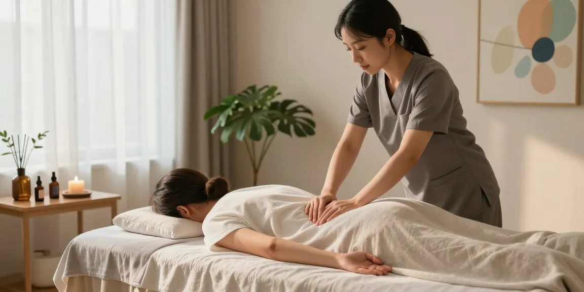 강남마사지 중인 테라피스트와 고객이 있는 마사지 치료실의 아늑한 장면