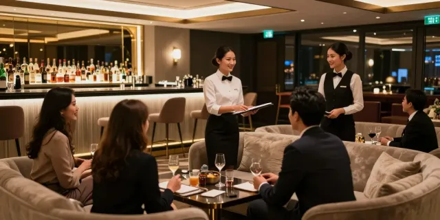 강남 타이밍의 화려한 인테리어와 세련된 분위기에서 손님을 맞이하는 호스트의 모습