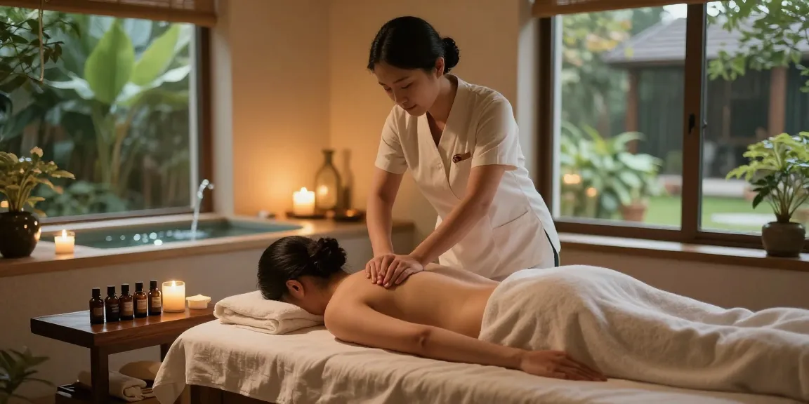 마사지 치료 중인 고객과 편안한 분위기의 스파 실내 모습