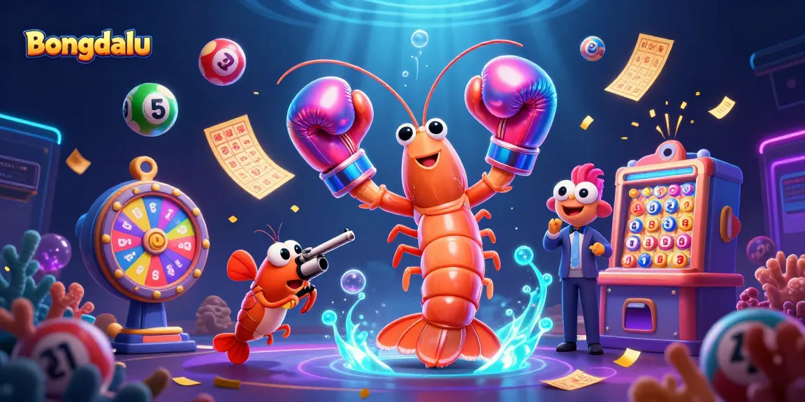 Bongdalu showcases an energetic scene with a boxing mantis shrimp, colorful lottery elements, and a playful vibe as they engage in gambling excitement.