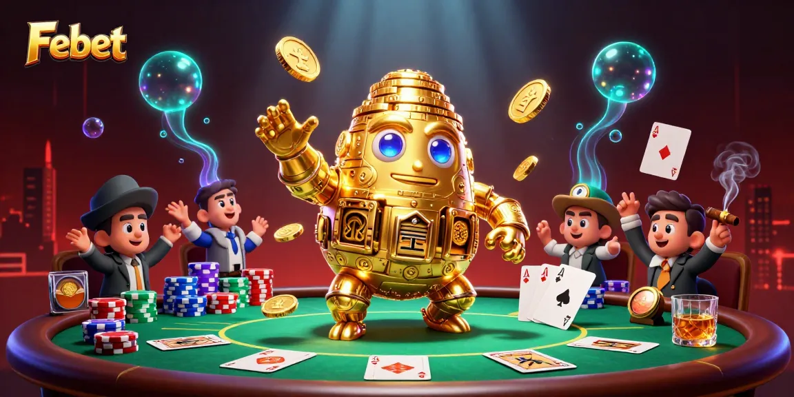 Experience winning moments with Febet's dynamic casino scene featuring animated golden golem and poker elements.