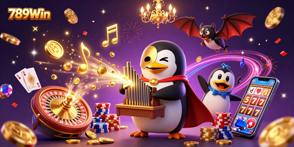 Experience gaming excitement with the 789Win penguin organist showering golden coins and festive elements.