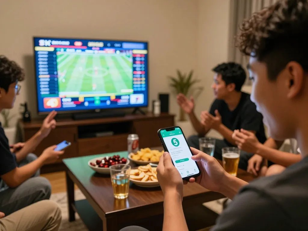 Engaging in sports betting using Keo nha cai 5 app, showcasing live events and camaraderie.