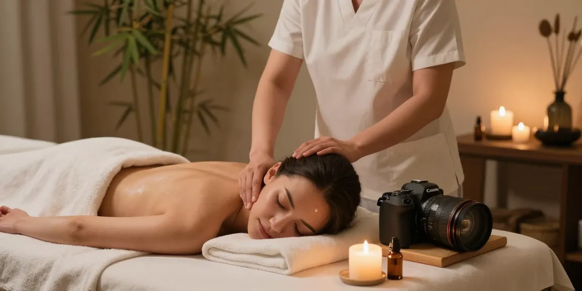 수원마사지로 편안한 마사지 샵의 내부, 치료사가 고객에게 마사지 오일을 바르는 모습.