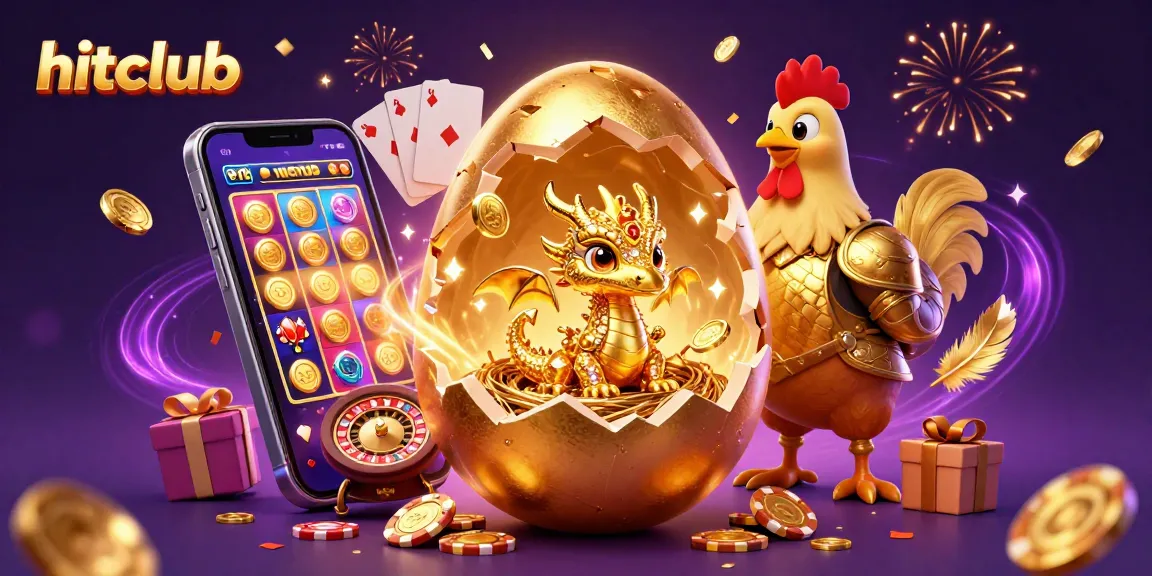 Experience hitclub excitement with a golden dragon, poker chips, and vibrant slot games in a magical casino world.
