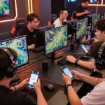 Engaged enthusiasts using tr88 đăng nhập for online esports betting in lively gaming lounge