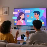 Diverse couple exploring AI sex relationship through holographic interface in a cozy digital space.