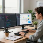 Developer using clawdbot ai in a modern workspace, showcasing dual monitors and collaborative tools.