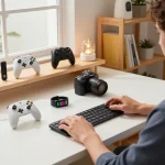 Showcasing unique tech gadgets like Bluetooth gaming controllers and smart health trackers in a cozy tech workspace