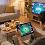Player enjoying gamebaidoithuong on a tablet in a cozy living room, highlighting the excitement of online gaming