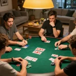 Players engaging in a strategic poker game at home, showcasing F168 in a friendly atmosphere
