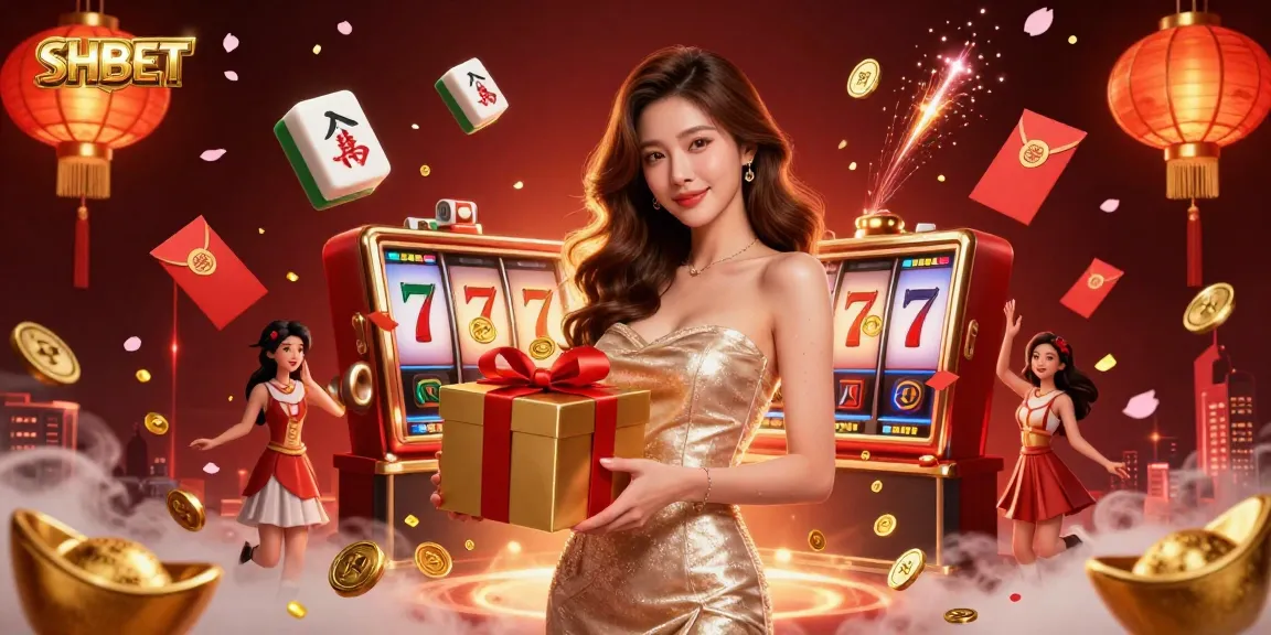 SHBET's vibrant casino promotion illustration featuring slots and festive decorations for Lunar New Year.
