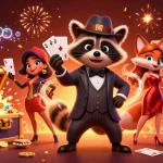 Spin to win at hitclub with raccoon and fox in a vibrant casino-themed scene filled with excitement.