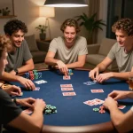 Engaging home poker night with friends using 78WIN COM for strategic gameplay, lively atmosphere and colorful setup.