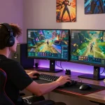 Engaged gamer exploring the KK55 platform in a vibrant, modern gaming setup.