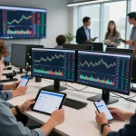 현대 사무실에서 실시간 시장 분석을 위해 Upto Exchange 플랫폼을 사용하는 트레이더들.