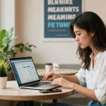 カフェでSNSマーケティングに取り組む女性、いいねを買う戦略を検討中。