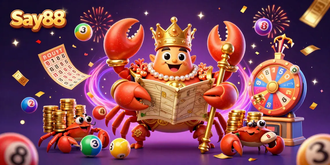 Experience the excitement of Say88 with a vibrant 3D casino scene showcasing a golden crab emperor and dynamic gaming elements.