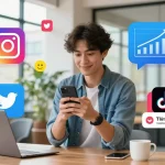 フォロワーを購入するための戦略的なSNSマーケティング活動を行っている若いプロフェッショナルの画像