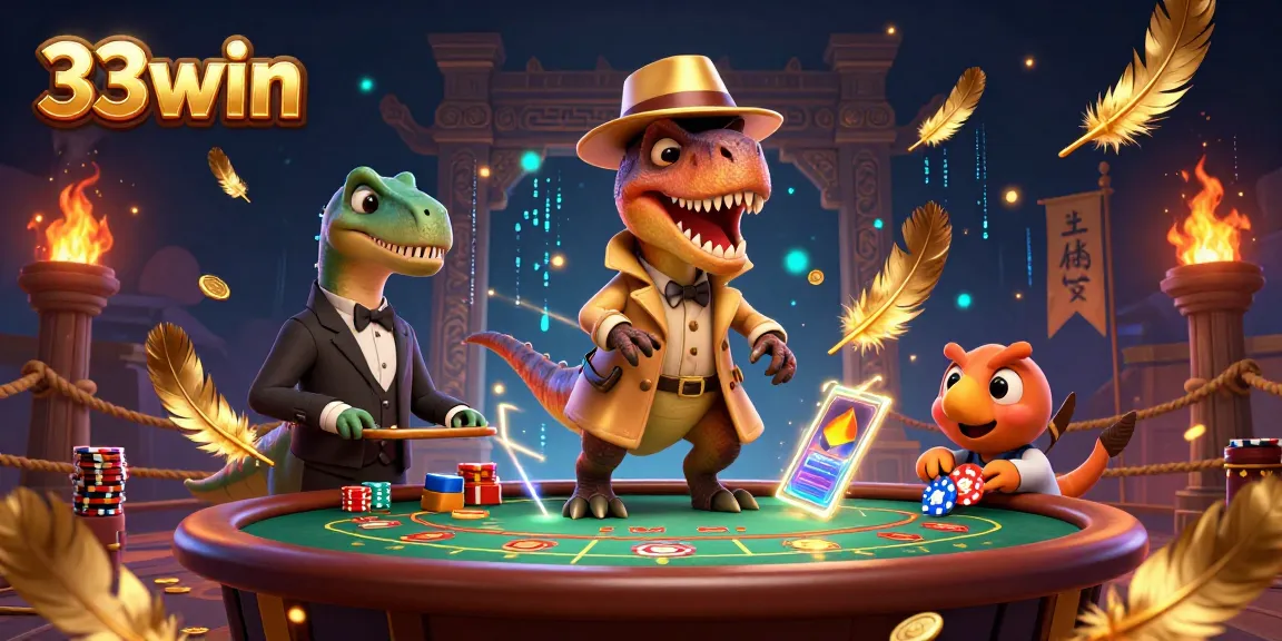 Experience thrilling casino action with 33win as a velociraptor card counter at a blackjack table.