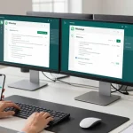 Person using WhatsApp網頁版 on a modern desktop setup with dual monitors and a vibrant workspace.