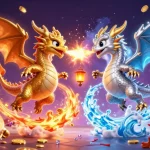 F168 gaming scene featuring golden and silver dragons, showcasing vibrant casino elements and energy.