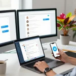Young professional engaging with the Telegram web version on a modern workspace.
