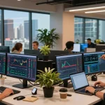 업투익스체인지 traders analyzing real-time market data in a dynamic financial hub.