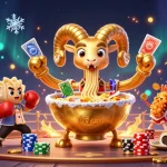 Engage with f168's vibrant casino scene featuring a giant ramen bowl dealer surrounded by action-packed gambling elements.