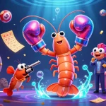 Bongdalu showcases an energetic scene with a boxing mantis shrimp, colorful lottery elements, and a playful vibe as they engage in gambling excitement.