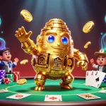 Experience winning moments with Febet's dynamic casino scene featuring animated golden golem and poker elements.