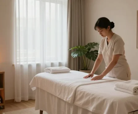 수원출장안마에 적합한 치유의 마사지 스튜디오에서 편안한 분위기를 연출하며 치료사가 준비하는 모습
