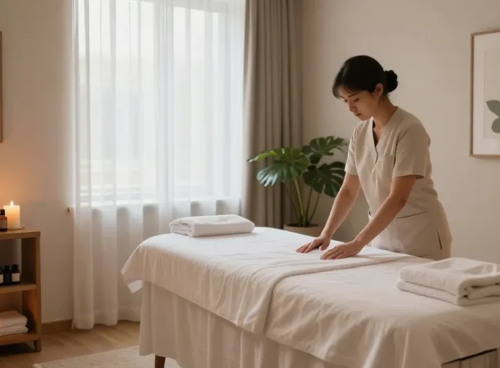수원출장안마에 적합한 치유의 마사지 스튜디오에서 편안한 분위기를 연출하며 치료사가 준비하는 모습