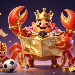 Engage with kèo nhà cái as the golden crab emperor rules over vibrant sports betting elements in a dynamic scene.