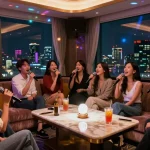강남가라오케에서 친구들과 노래 부르며 즐기는 화려한 분위기의 모습